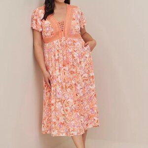 Torrid Crinkle Gauze Lace Up Tea Length Dress Floral Coral Plus Size 4X‎ NWT